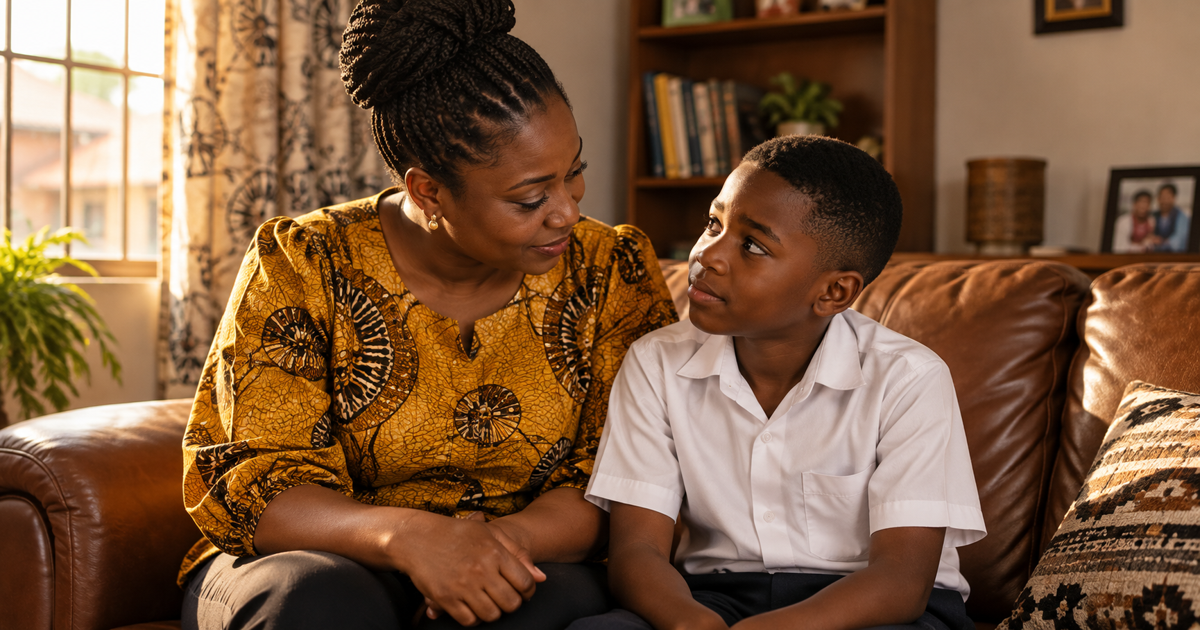 Nigerian mother and child having a calm honest conversation at home